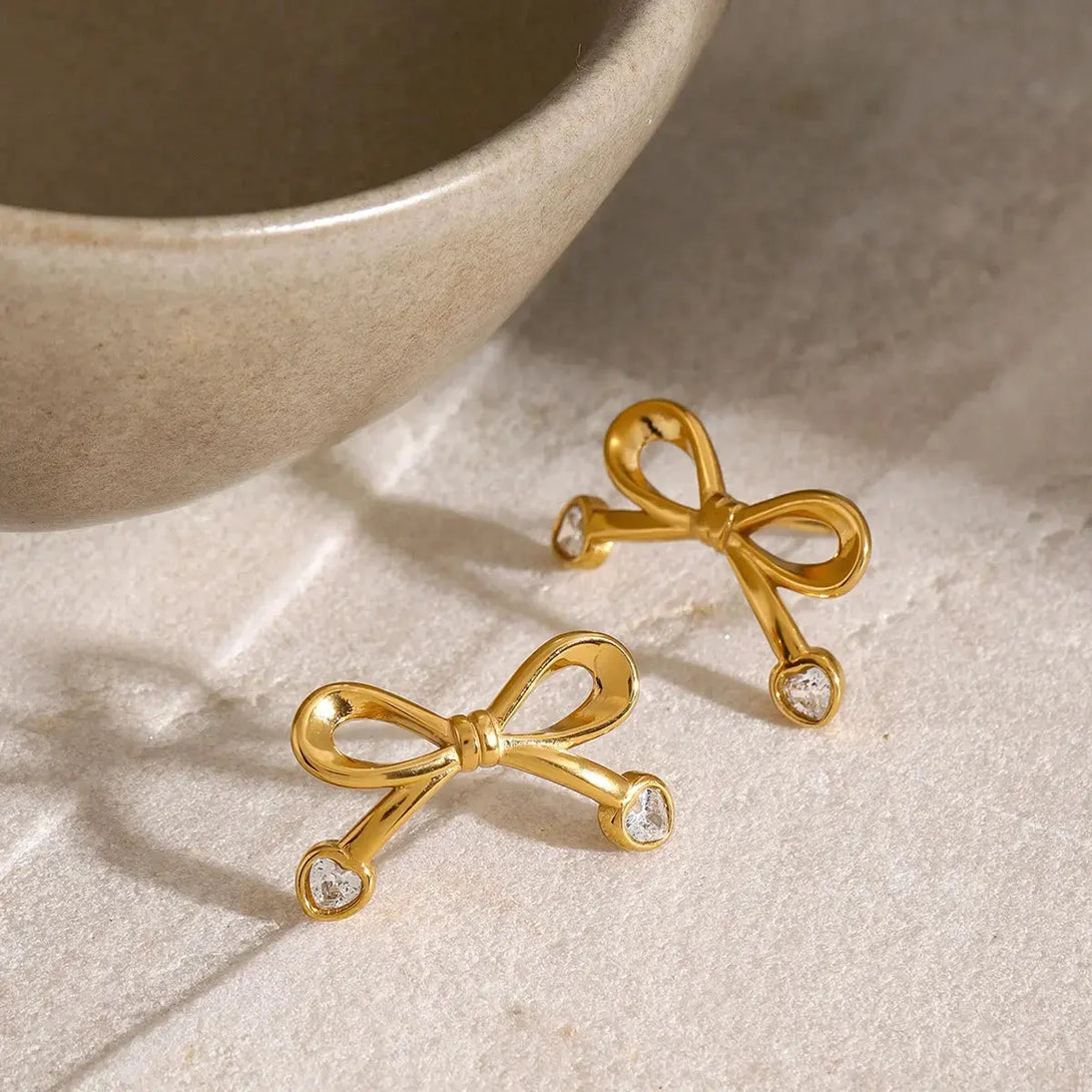Lovcia Golden Zircon Bow Stainless Steel Earrings for Women-Earrings-Gold-One Size-Gold