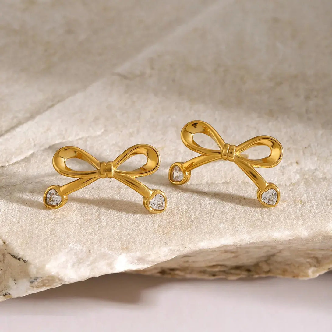 Lovcia Golden Zircon Bow Stainless Steel Earrings for Women-Earrings-Gold-One Size-Gold