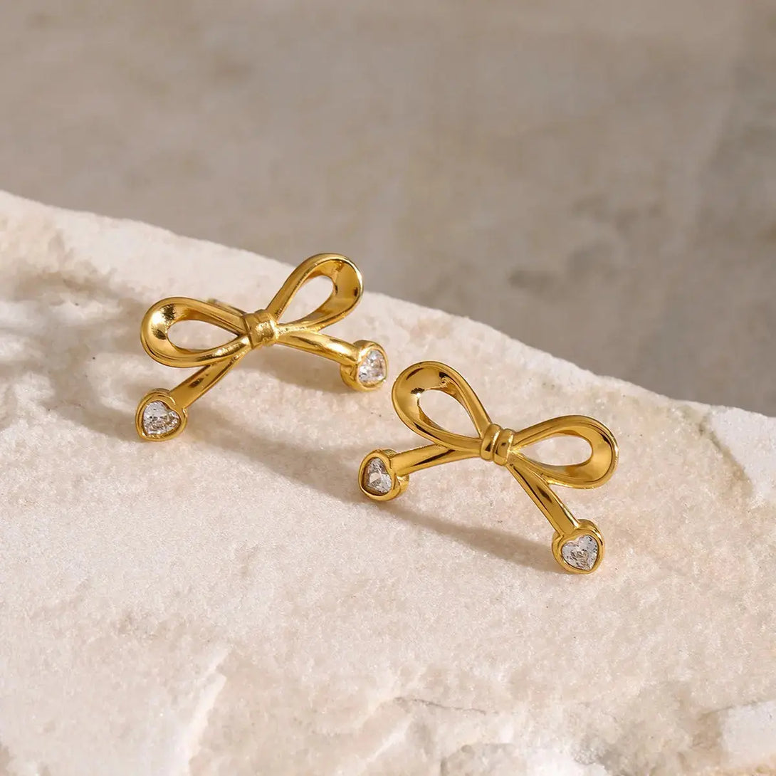 Lovcia Golden Zircon Bow Stainless Steel Earrings for Women-Earrings-Gold-One Size-Gold