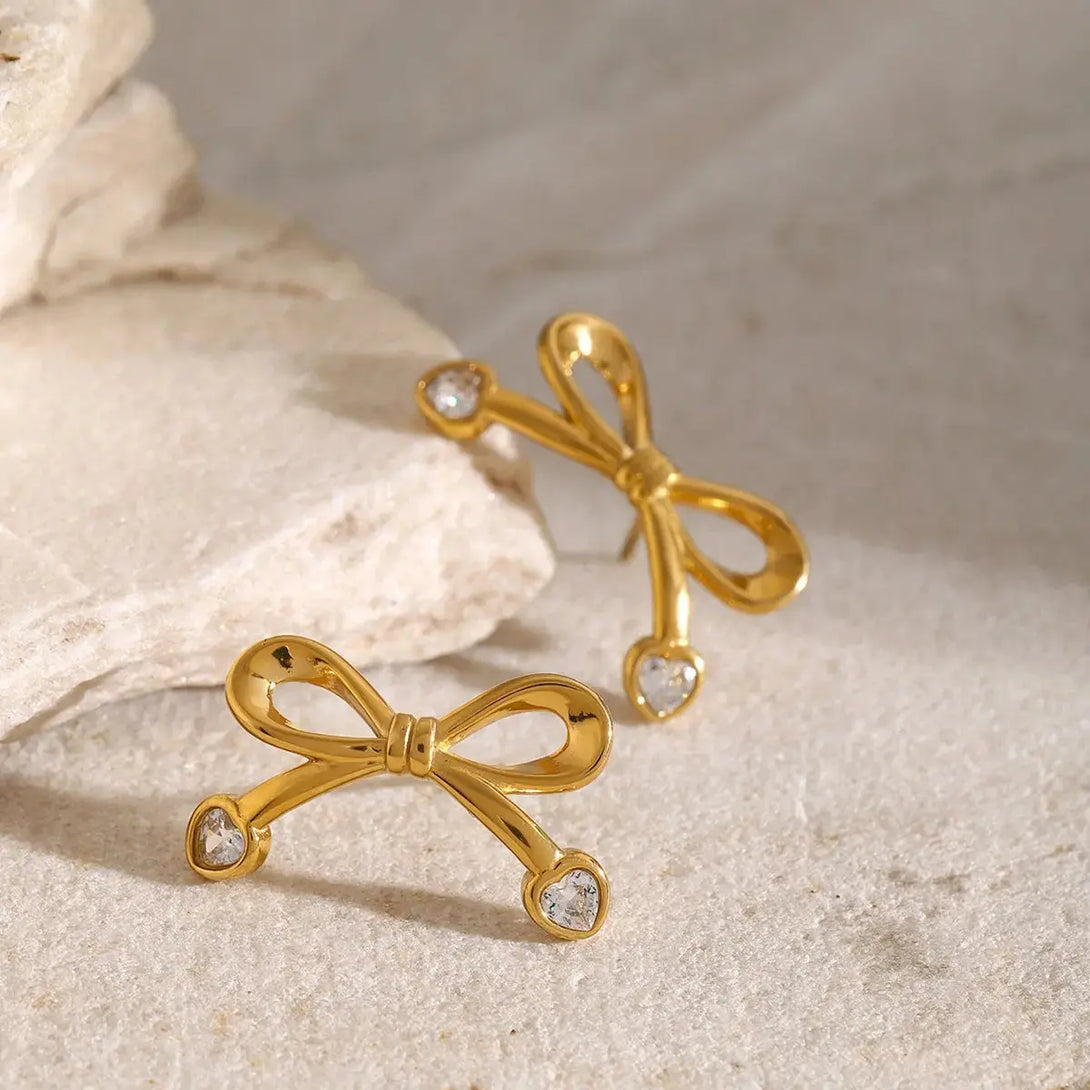 Lovcia Golden Zircon Bow Stainless Steel Earrings for Women-Earrings-Gold-One Size-Gold