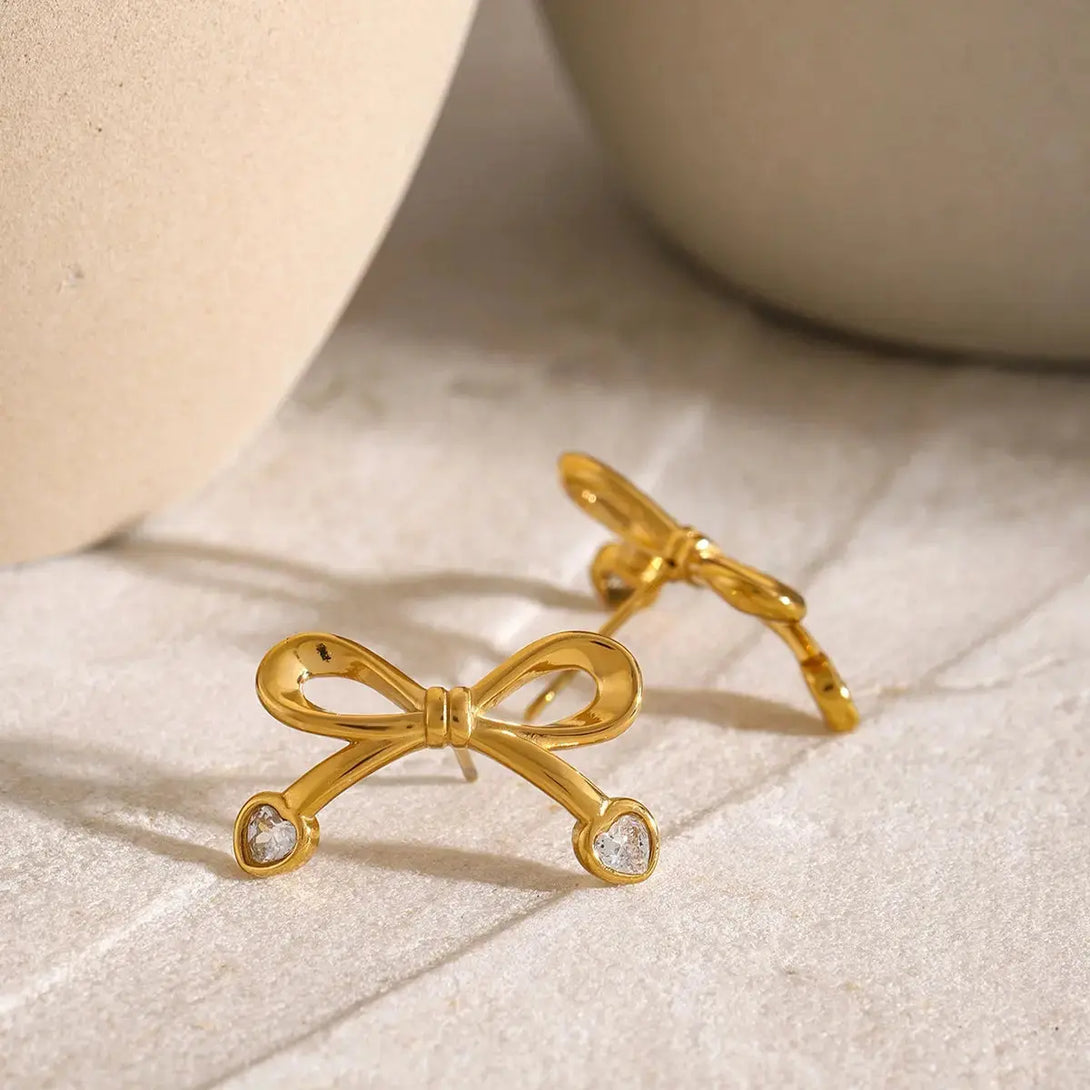 Lovcia Golden Zircon Bow Stainless Steel Earrings for Women-Earrings-Gold-One Size-Gold