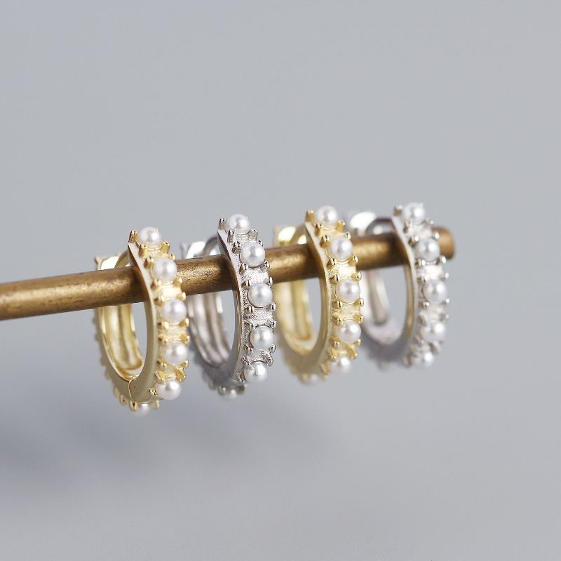 Lovcia Goldtone 925 Silver Shell Pearl Huggie Hoop Earrings-Earrings-Yellow Gold-Yellow Gold