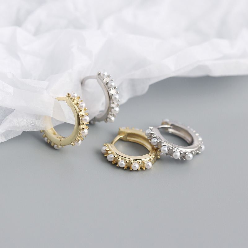Lovcia Goldtone 925 Silver Shell Pearl Huggie Hoop Earrings-Earrings-Yellow Gold-Yellow Gold