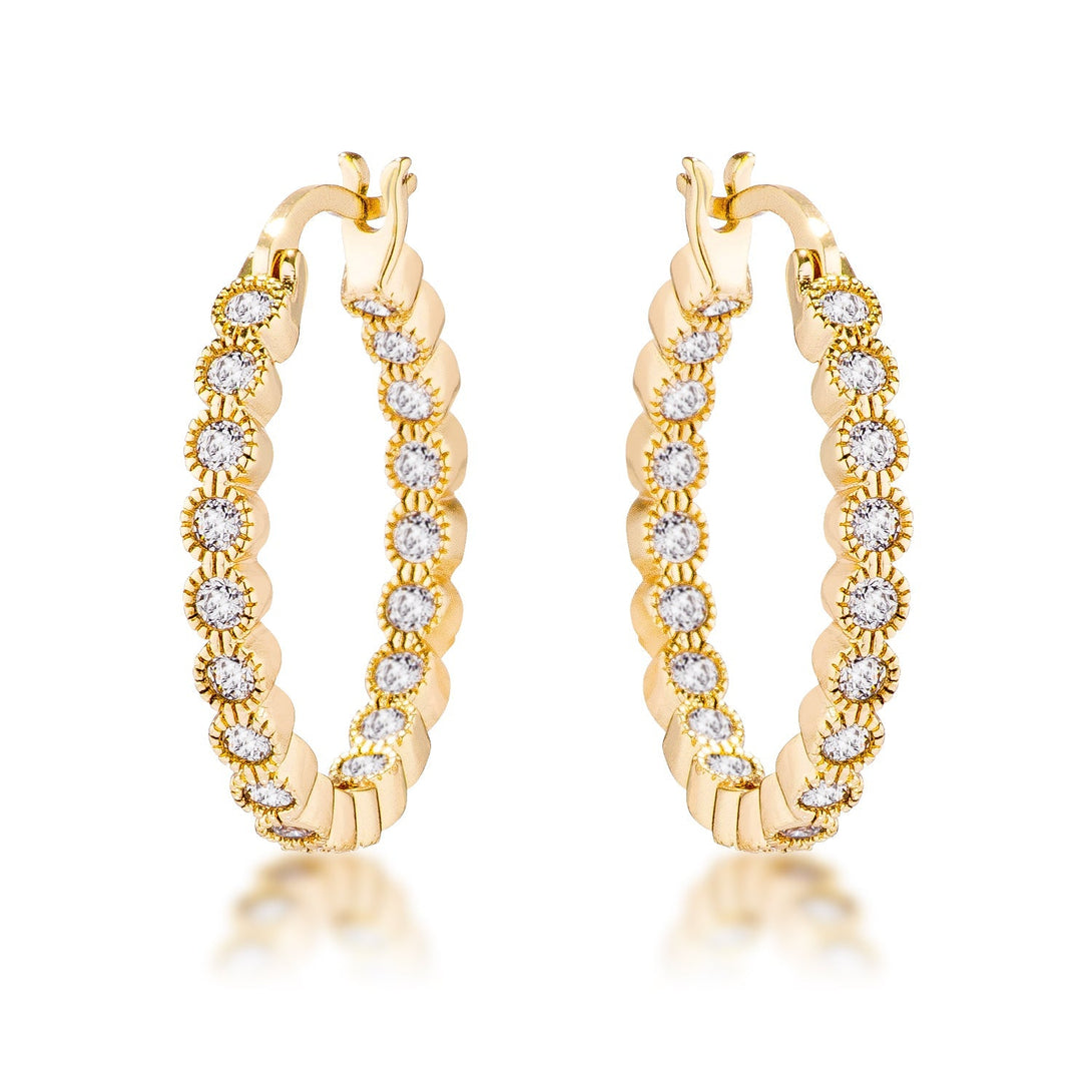 Lovcia Goldtone Mid-Sized Hoop Earrings with Clear CZ Dotted Bezel-Earrings-