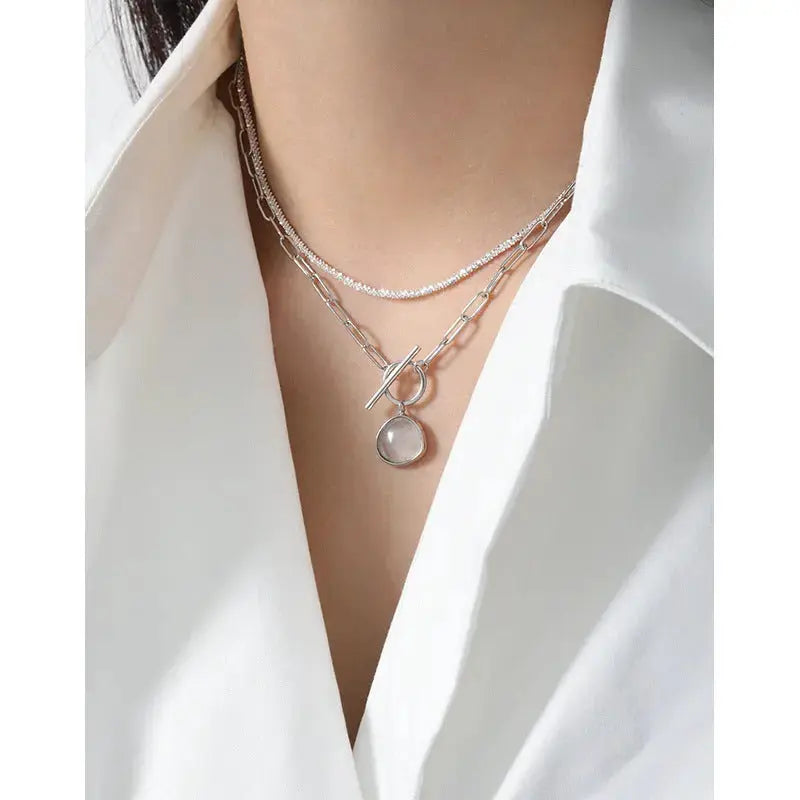 Lovcia Graduation Round Natural Crystal OT Hollow Chain 925 Sterling Silver Necklace-Necklaces-Rhodium-Rhodium