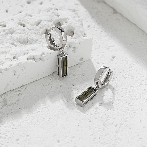 Lovcia Green CZ Rectangle Dangling Earrings 925 Silver-Earrings-Rhodium-Rhodium