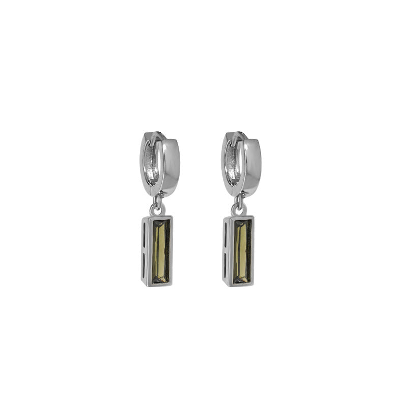Lovcia Green CZ Rectangle Dangling Earrings 925 Silver-Earrings-Rhodium-Rhodium