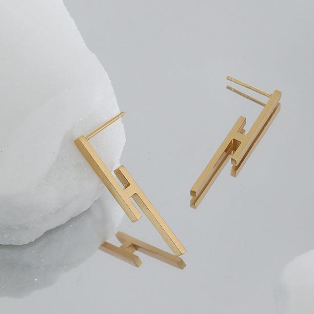 Lovcia H Shape Gold Tone 925 Sterling Silver Dangling Earrings-Earrings-Yellow Gold-Yellow Gold