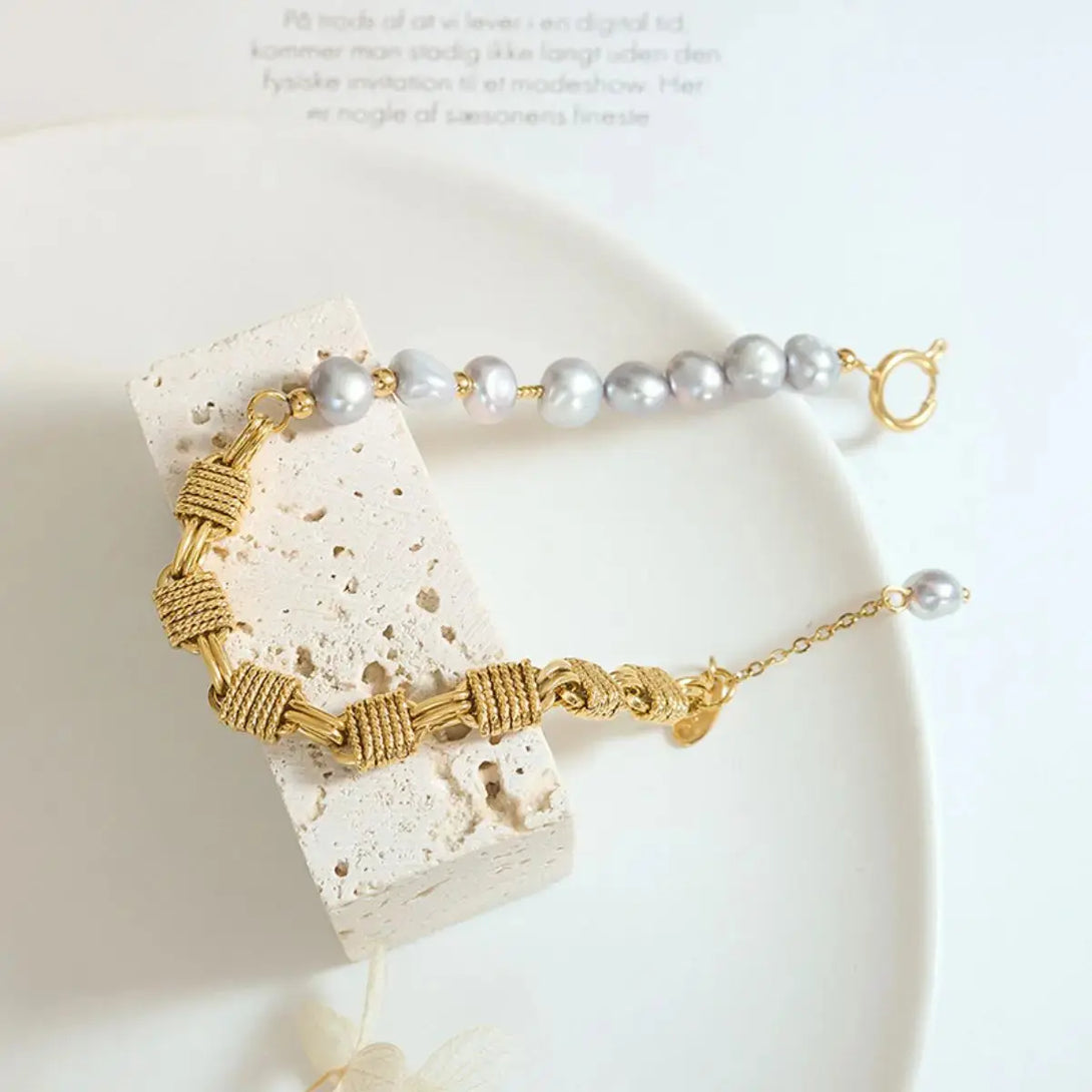 Lovcia Half Pearl Half Chain Stainless Steel Bracelet-Bracelets-Gold-One Size-Gold