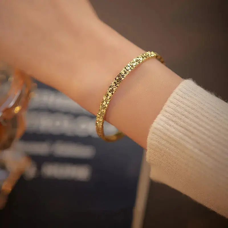 Lovcia Hammered Finish Gold Plated Open Cuff Sterling Silver Bangle Bracelet for Women-Bracelets-Gold-Gold