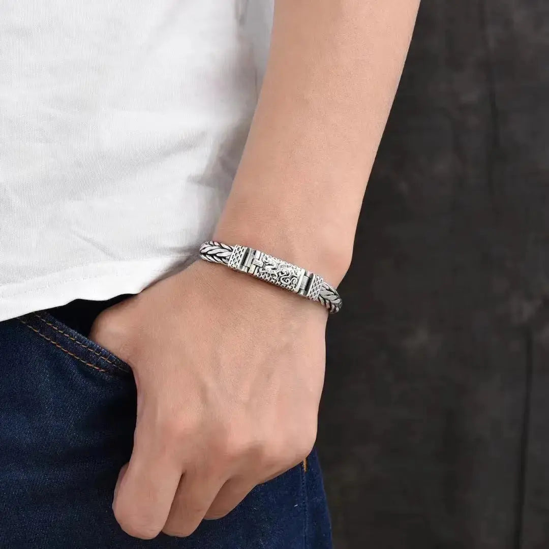 Lovcia Hand-woven Dragon Pattern Sterling Silver Bracelet for Men-Bracelets-18cm-18cm
