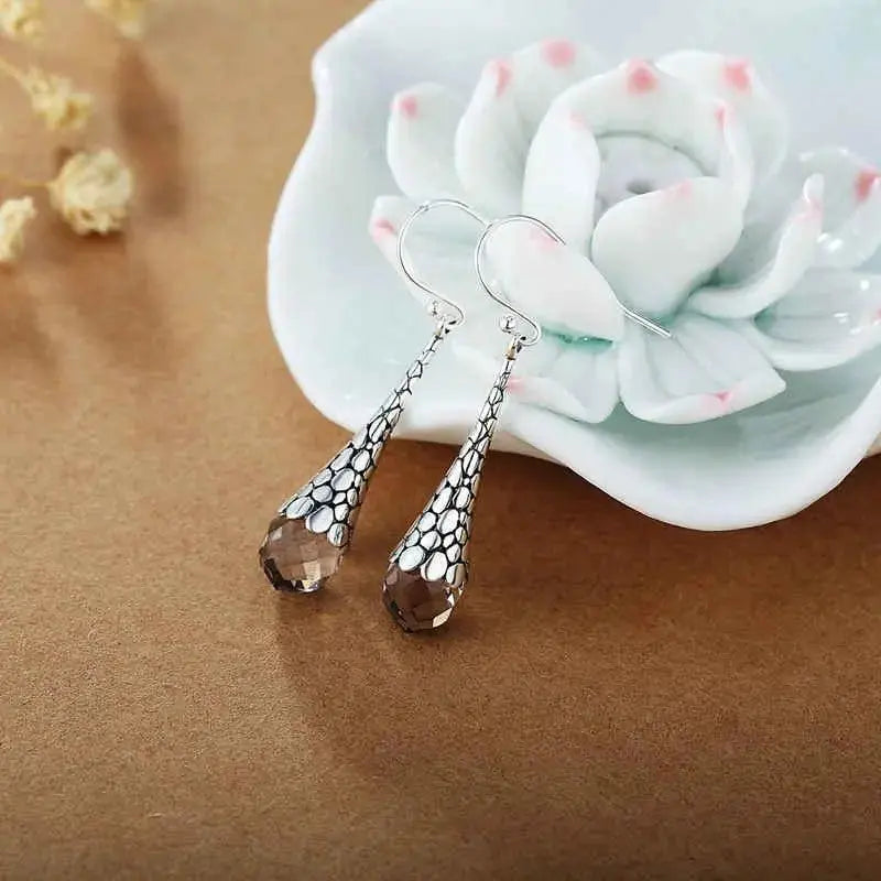 Lovcia Handcrafted Sterling Silver Artisan Water Drop Earrings for Women-Earrings-Tea crystal-Tea crystal