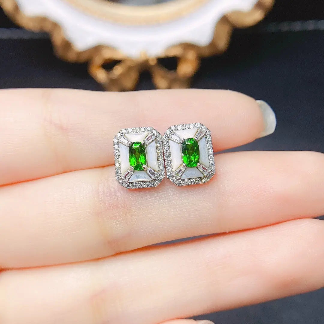 Lovcia Handmade S925 Silver Diopside Stud Earrings – Women's Fashionable Gemstones-Earrings-Picture Color-Picture Color