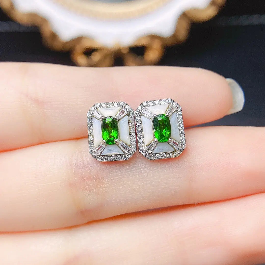 Lovcia Handmade S925 Silver Diopside Stud Earrings – Women's Fashionable Gemstones-Earrings-Picture Color-Picture Color