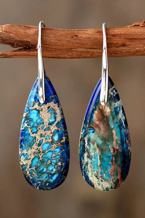 Lovcia Handmade Teardrop Shape Natural Stone Dangle Earrings-Earrings-Blue/Silver-One Size-Blue/Silver