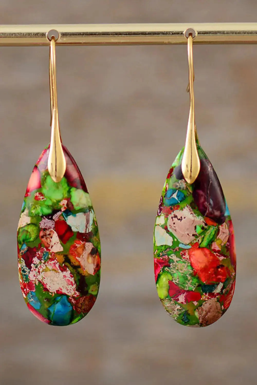 Lovcia Handmade Teardrop Shape Natural Stone Dangle Earrings-Earrings-Gold/Multi-One Size-Gold/Multi