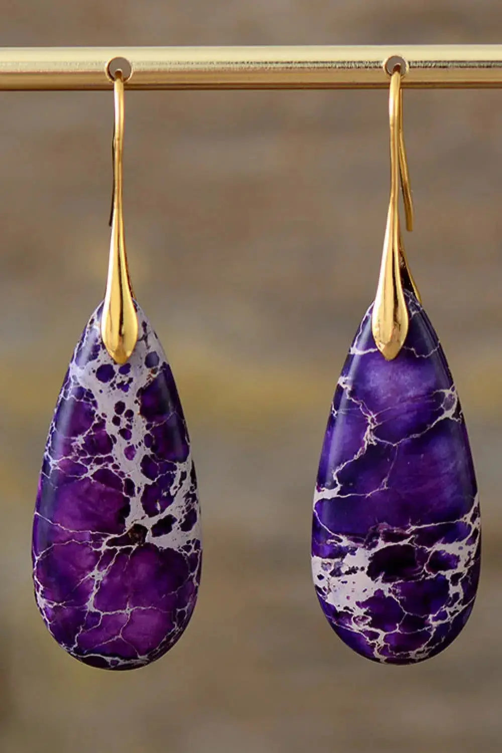 Lovcia Handmade Teardrop Shape Natural Stone Dangle Earrings-Earrings-Purple/Gold-One Size-Purple/Gold