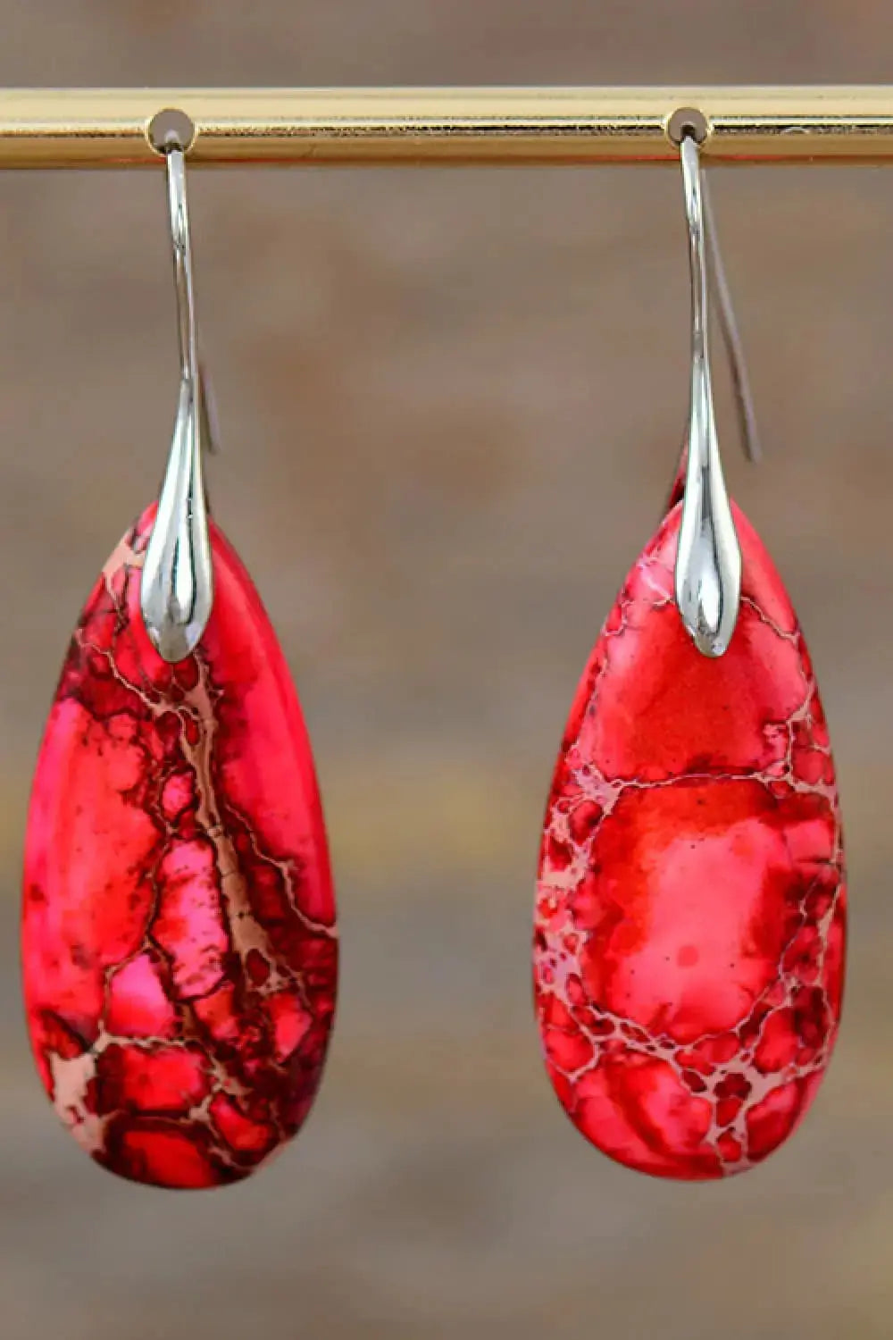 Lovcia Handmade Teardrop Shape Natural Stone Dangle Earrings-Earrings-Red/Silver-One Size-Red/Silver