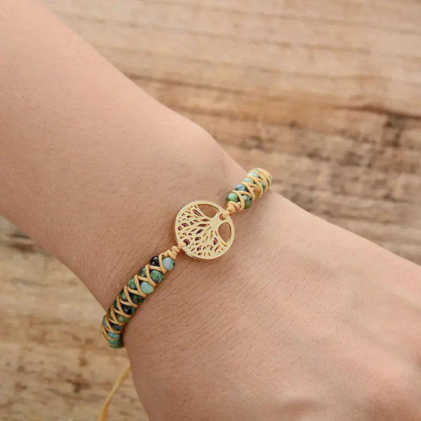 Lovcia Handmade Tree of Life Charm Bracelet for Women with African Jasper Stone in Braided Pattern-Bracelets-Turquoise-Turquoise