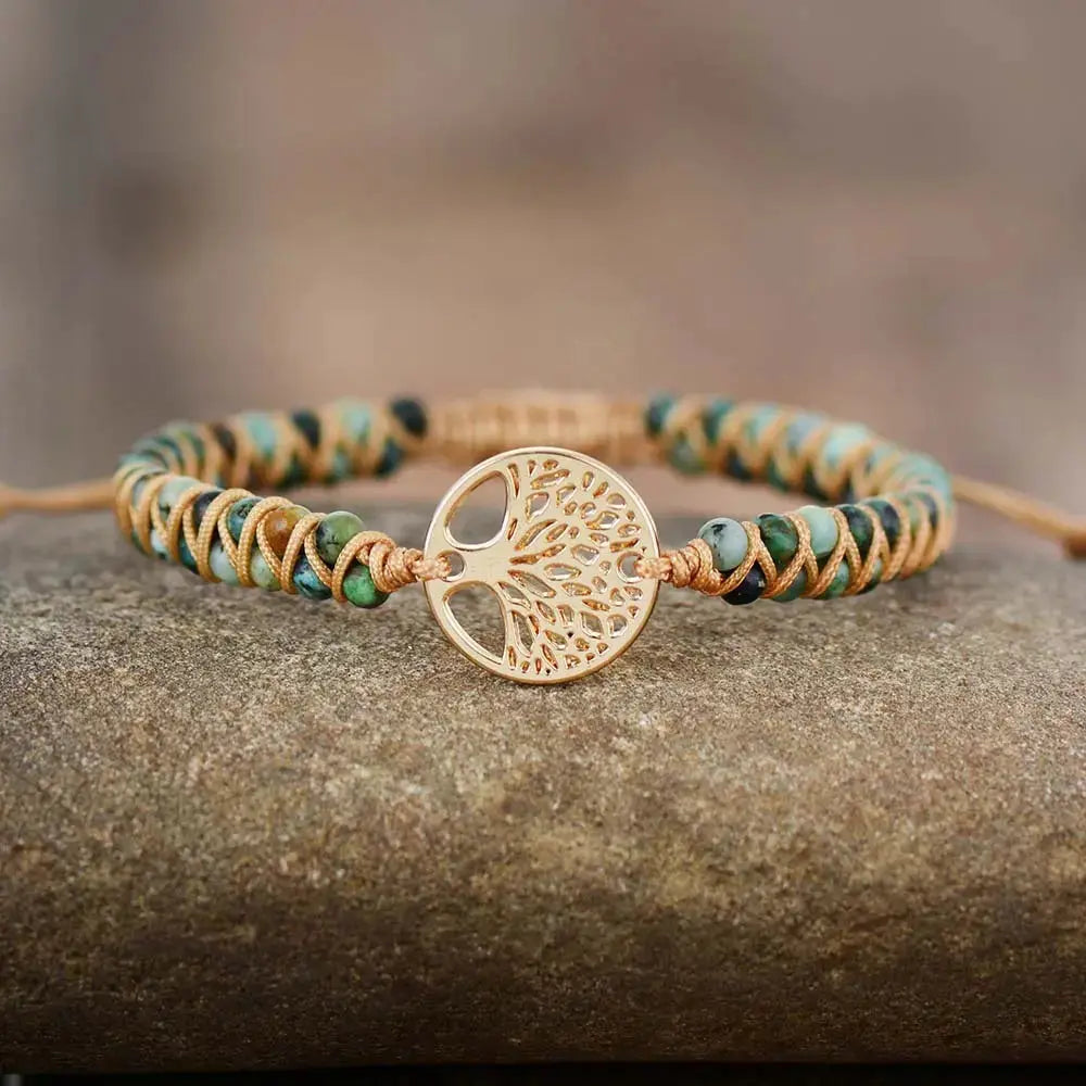 Lovcia Handmade Tree of Life Charm Bracelet for Women with African Jasper Stone in Braided Pattern-Bracelets-Turquoise-Turquoise