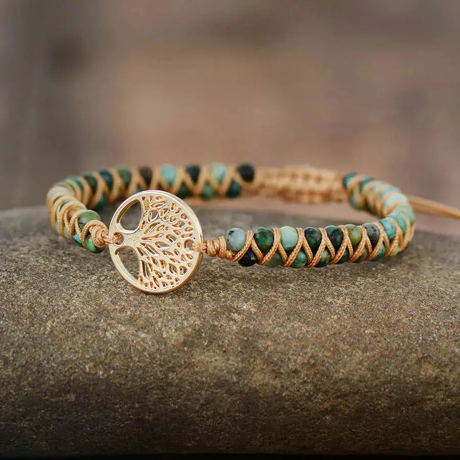 Lovcia Handmade Tree of Life Charm Bracelet for Women with African Jasper Stone in Braided Pattern-Bracelets-Turquoise-Turquoise