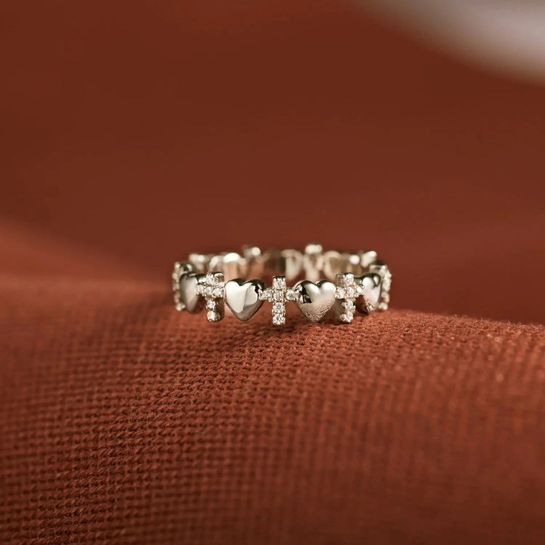 Lovcia Heart Cross 925 Sterling Silver Ring-Rings-Silver-5-Silver