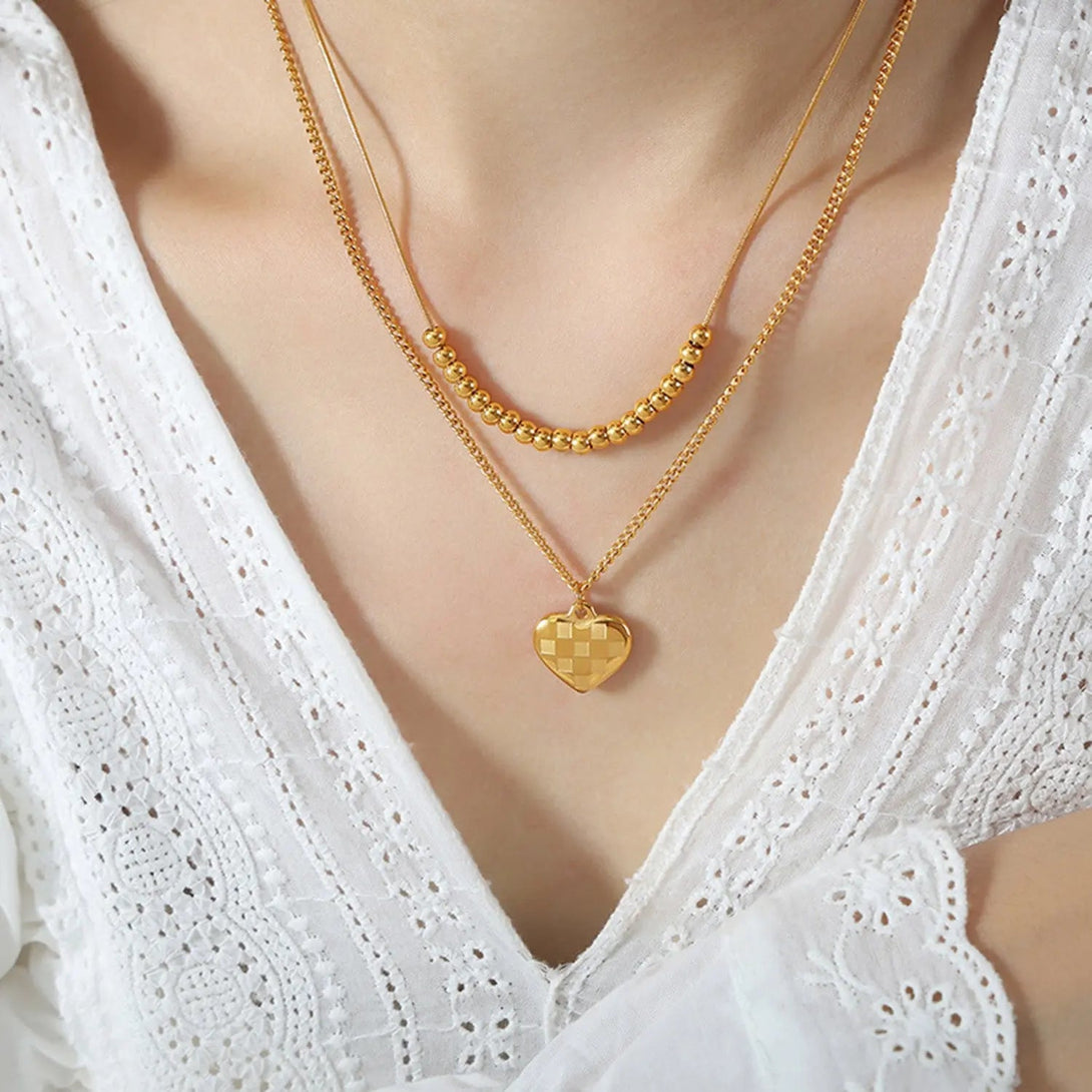 Lovcia Heart Pendant Double-Lrayed Necklace-Necklaces-Gold-One Size-Gold