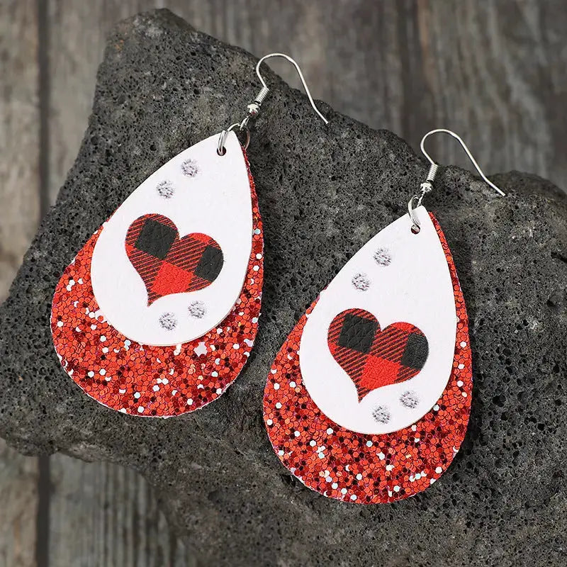 Lovcia Heart Sequin Leather Teardrop Earrings-Earrings-Red-One Size-Red