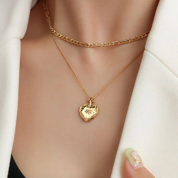 Lovcia Heart Shape Double-Layered Stainless Steel Necklace-Necklaces-Gold-One Size-Gold