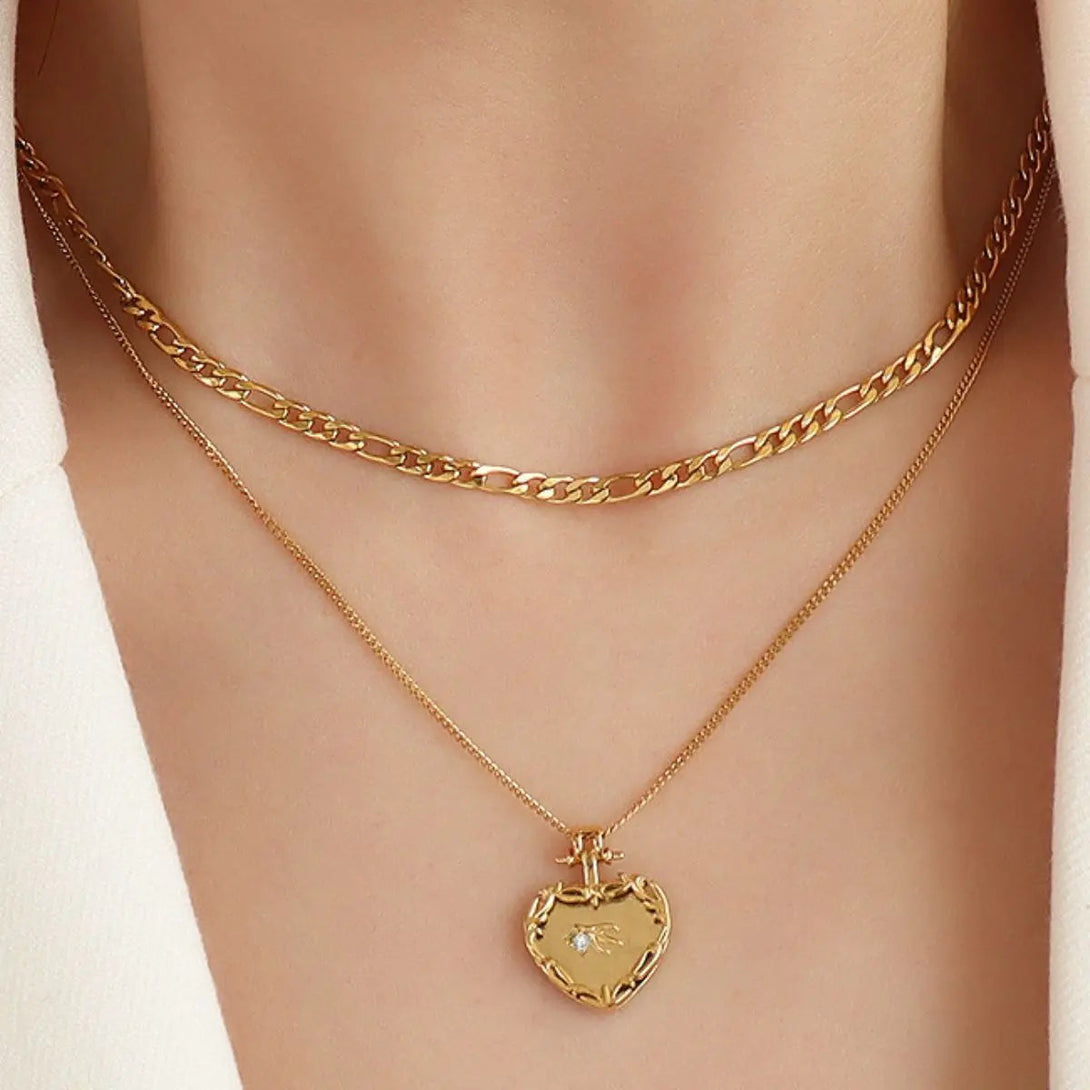 Lovcia Heart Shape Double-Layered Stainless Steel Necklace-Necklaces-Gold-One Size-Gold