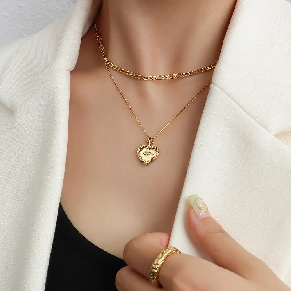 Lovcia Heart Shape Double-Layered Stainless Steel Necklace-Necklaces-Gold-One Size-Gold