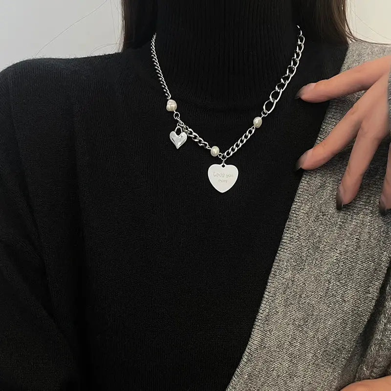 Lovcia Heart-shaped Multi-Part Pearl Titanium Steel Women's Speciality Necklace-Necklaces-Love Pearl Necklace-Love Pearl Necklace