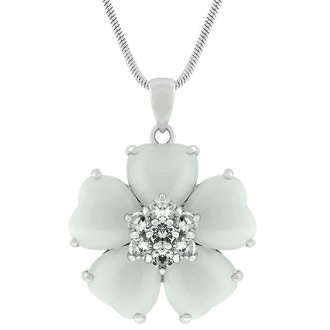 Lovcia Heart-Shaped White Cat's Eye Floral Pendant with Cubic Zirconia-Pendants-