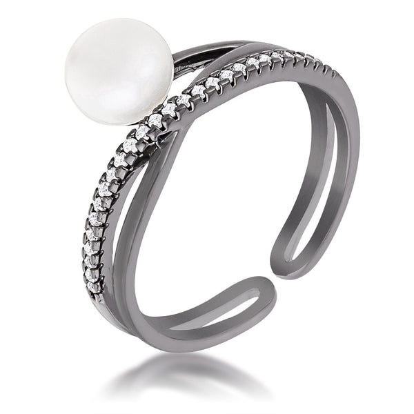 Lovcia Hematite and Pearl Ribbon Bypass Ring with Pave Accents-Rings-5-5