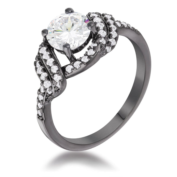 Lovcia Hematite Twist Ring with Micro Pave CZ Stones and Round Center-Rings-5-5