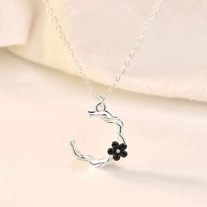 Lovcia Holiday Childhood Sweethearts C Shape Plum Blossom Flower 925 Sterling Silver Necklace-Necklaces-Men Ring-Men Ring