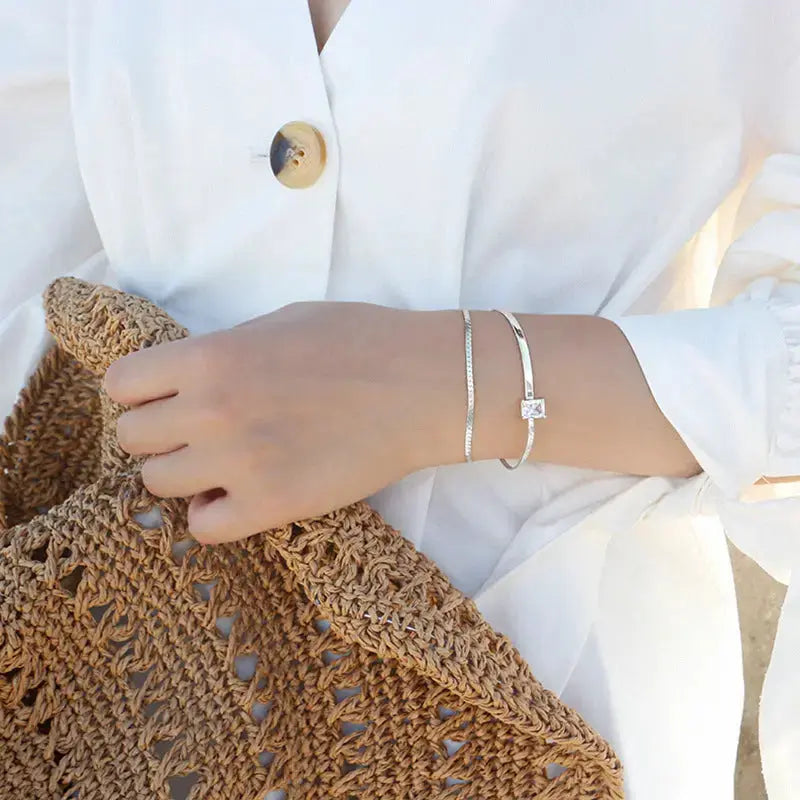 Lovcia Holiday Double Layer Rectangle CZ 925 Sterling Silver Bracelet-Bracelets-Rhodium-Rhodium