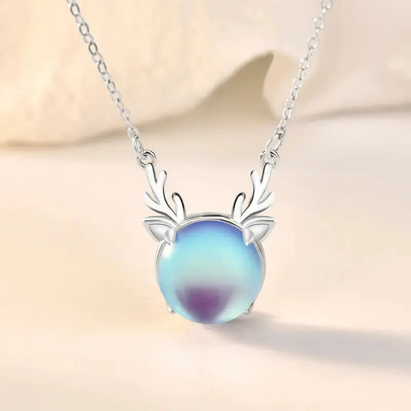 LOVCIA Holiday Natural Moonstone Elk Animal 925 Sterling Silver Necklace