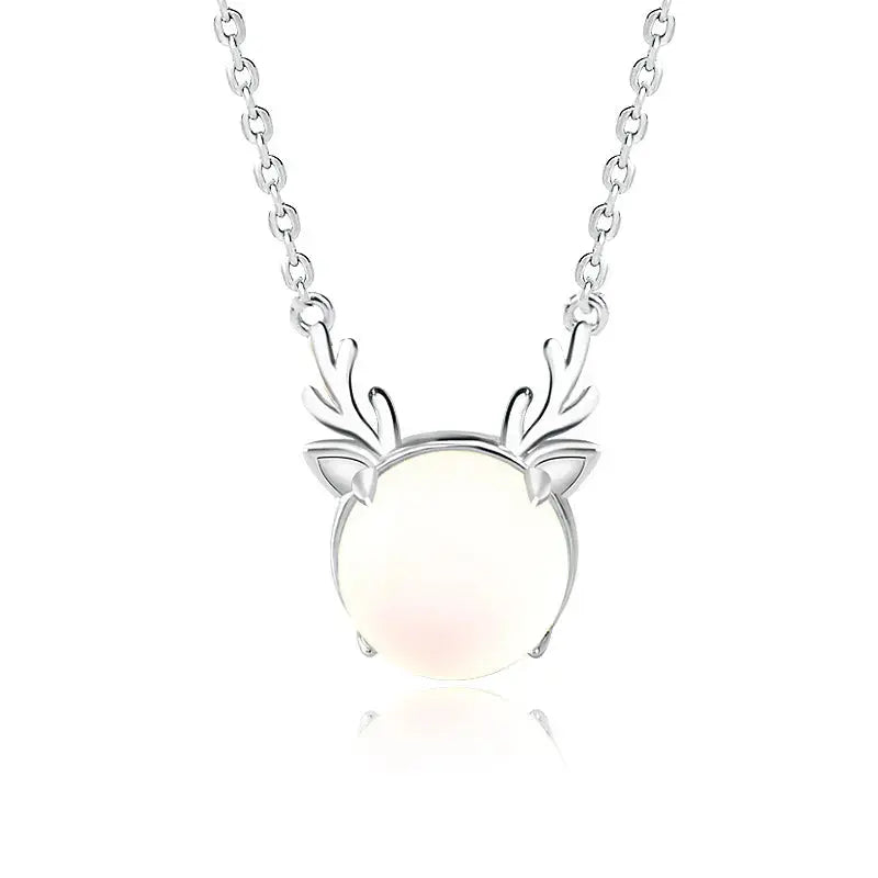 LOVCIA Holiday Natural Moonstone Elk Animal 925 Sterling Silver Necklace