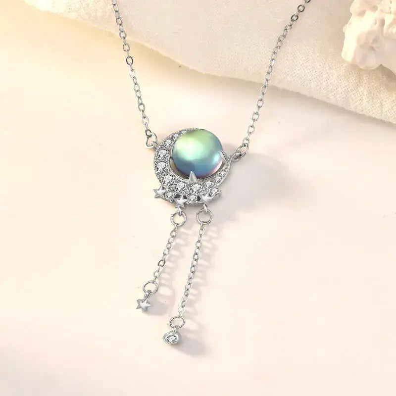 Lovcia Holiday Natural Moonstone Star CZ Crescent Moon 925 Sterling Silver Necklace-Necklaces-Silver-Silver