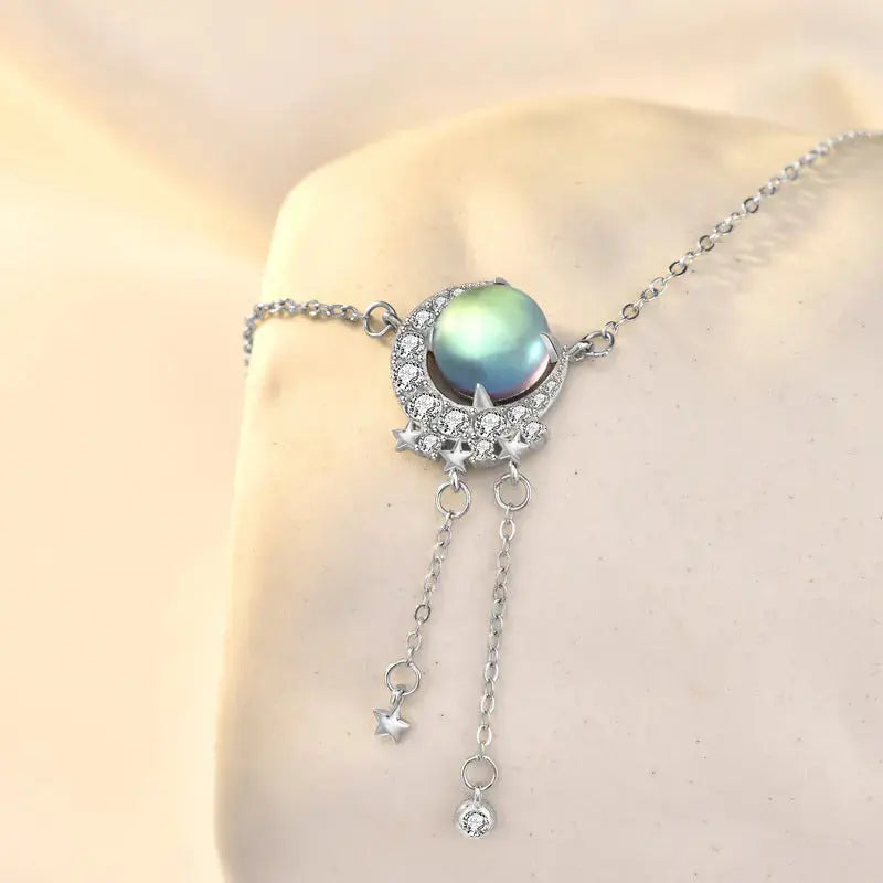 Lovcia Holiday Natural Moonstone Star CZ Crescent Moon 925 Sterling Silver Necklace-Necklaces-Silver-Silver