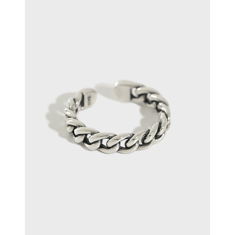 Lovcia Hollow Curb Chain Ring 925 Silver Adjustable-Rings-Vintage-US 8-Vintage