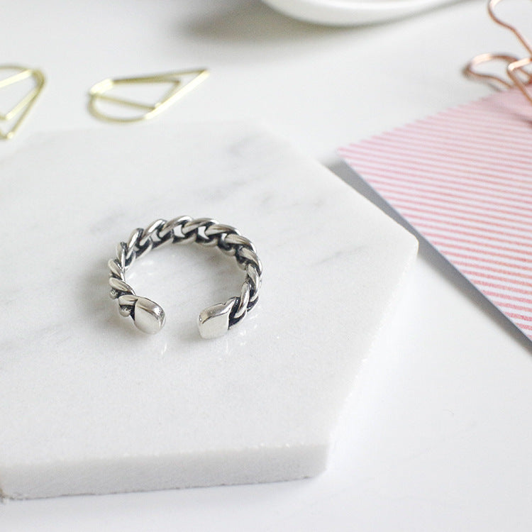 Lovcia Hollow Curb Chain Ring 925 Silver Adjustable-Rings-Vintage-US 8-Vintage