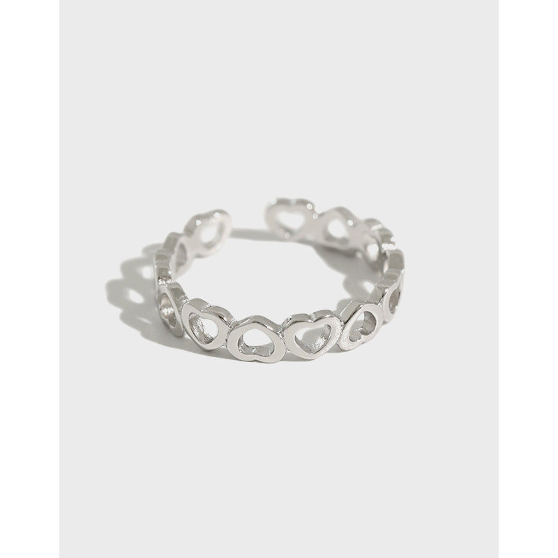 Lovcia Hollow Heart In Heart Adjustable Ring Silver 925-Rings-Rhodium-Rhodium