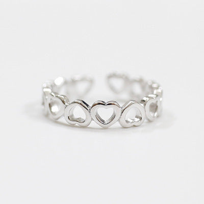 Lovcia Hollow Heart In Heart Adjustable Ring Silver 925-Rings-Rhodium-Rhodium