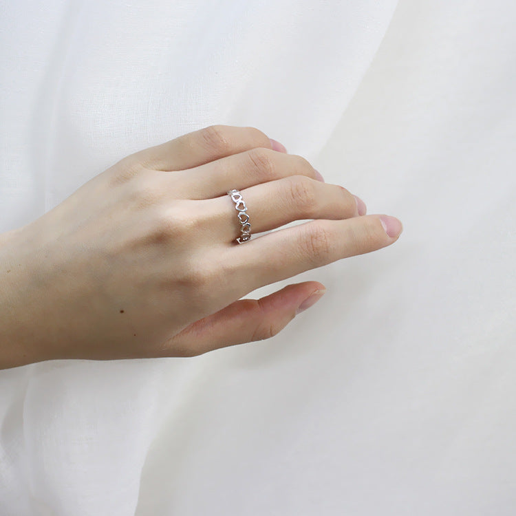 Lovcia Hollow Heart In Heart Adjustable Ring Silver 925-Rings-Rhodium-Rhodium