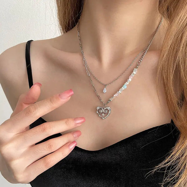 Lovcia Hollow Heart Style Broken Silver Pendant Necklace for Women-Necklaces-Small Broken Silver Necklace-Small Broken Silver Necklace
