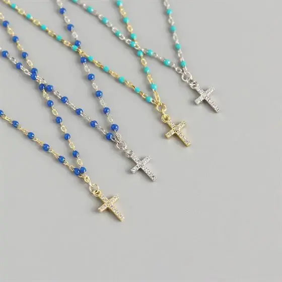 Lovcia Holy CZ Cross Beads 925 Sterling Silver Necklace-Necklaces-Silver & Blue-Silver & Blue