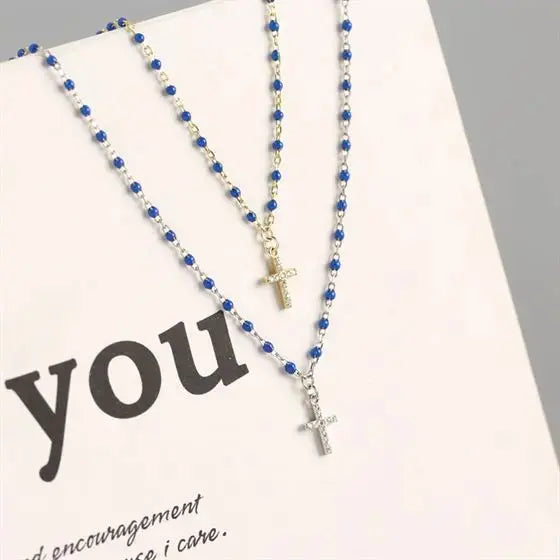 Lovcia Holy CZ Cross Beads 925 Sterling Silver Necklace-Necklaces-Silver & Blue-Silver & Blue