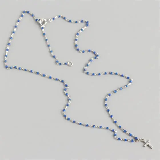 Lovcia Holy CZ Cross Beads 925 Sterling Silver Necklace-Necklaces-Silver & Blue-Silver & Blue